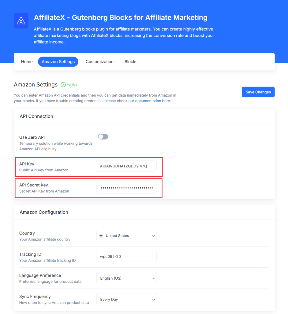 API credentials settings