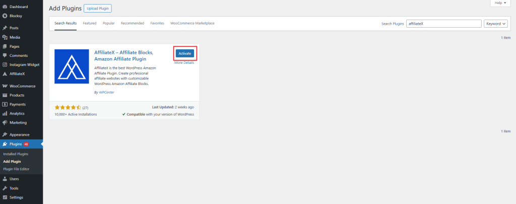 Install AffiliateX plugin on WordPress site