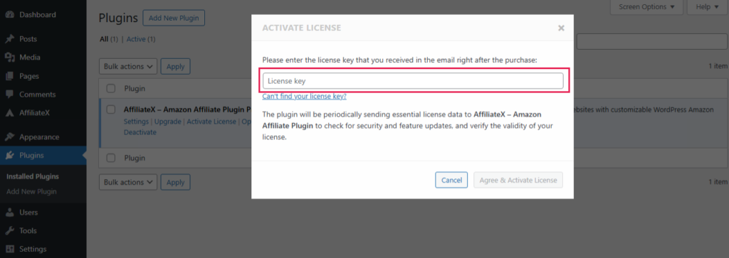 Activating AffiliateX Pro License