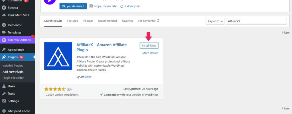 How to install AffiliateX From WordPress Directory