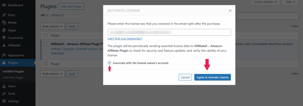 Activating AffiliateX Pro License