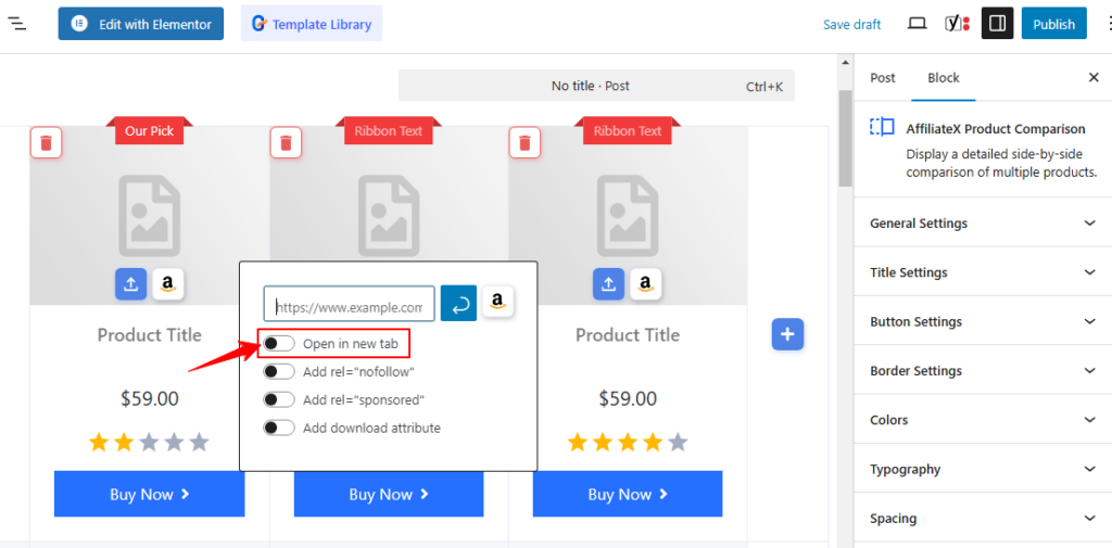 Editing affiliate link on AffiliateX comparison table block