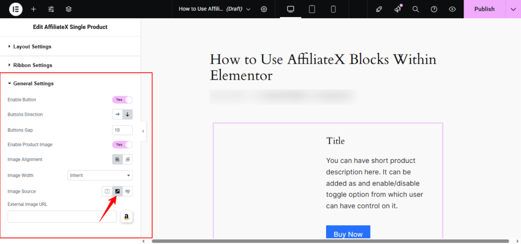 Connecting Image Field
To connect the image field, click the “General Settings” drop-down menu.
On the “Image Source,” select the ”↗” arrow icon, which means “external source.”
Click the Amazon icon to search for the product and connect the image.