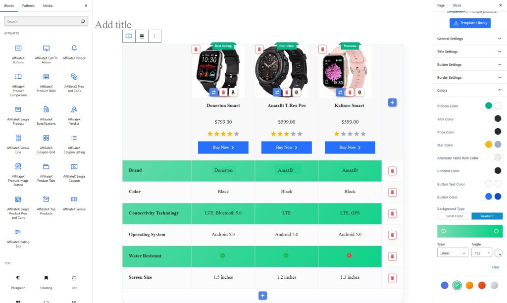 AffiliateX Product Comparison Table block