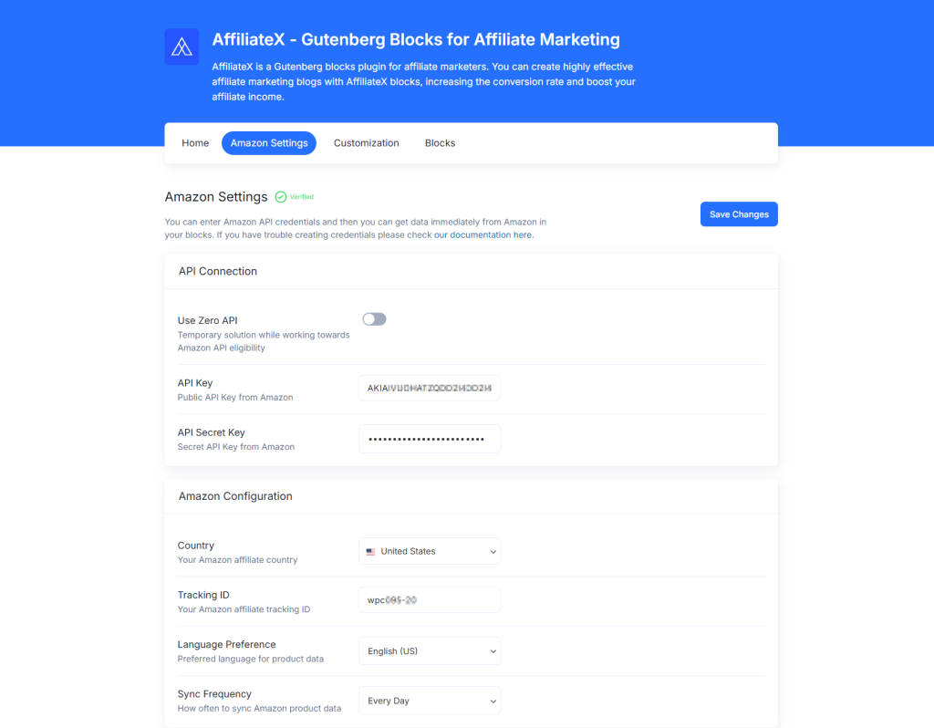 AffiliateX settings screen