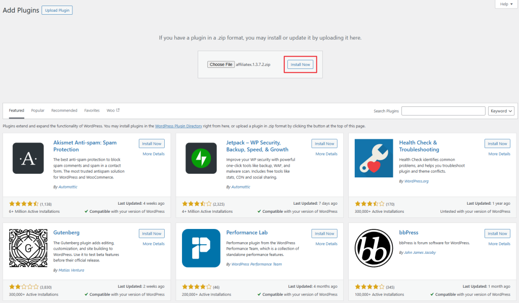 Install AffiliateX plugin
