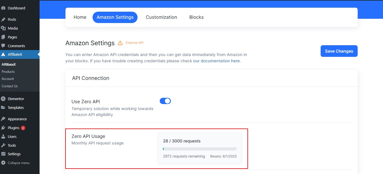 AffiliateX Zero API Settings
