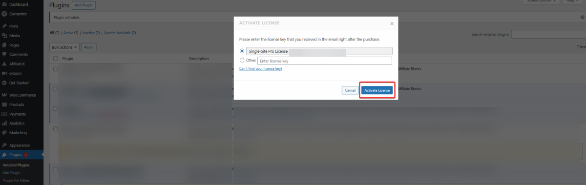 AffiliateX Pro License Activation