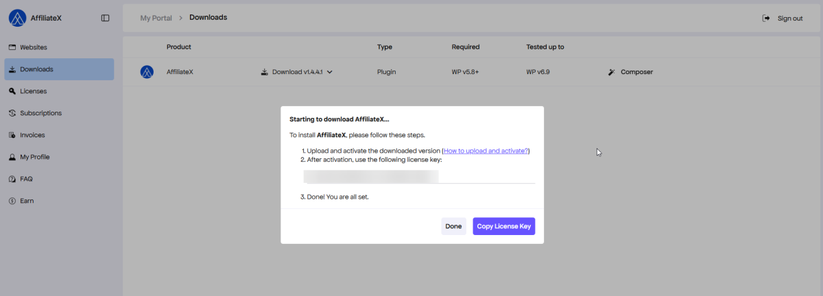 AffiliateX Pro plugin license key