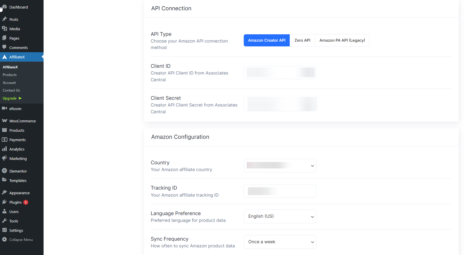 Filling Amazon Creators API Credentials on AffiliateX