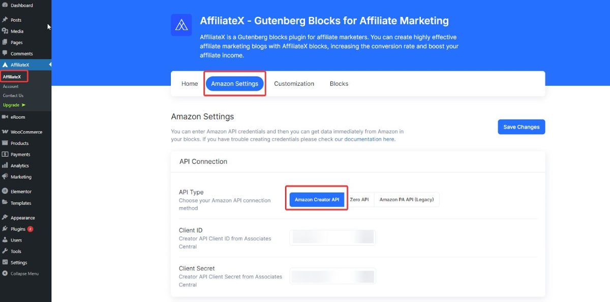 Filling Amazon Creators API Credentials on AffiliateX
