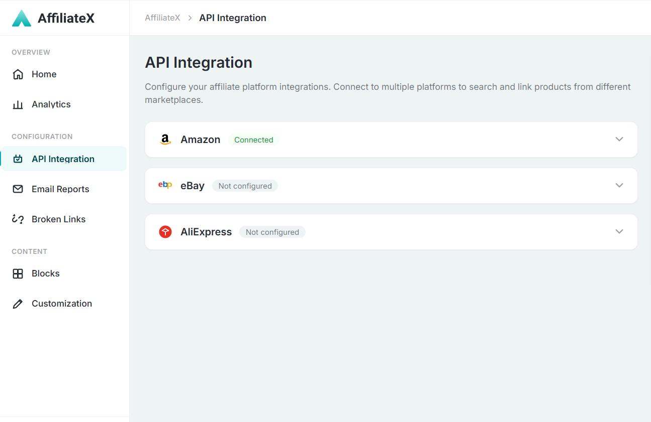 AffiliateX Multi-Platform Integrations Amazon, AliExpress & eBay Integration for Affiliates